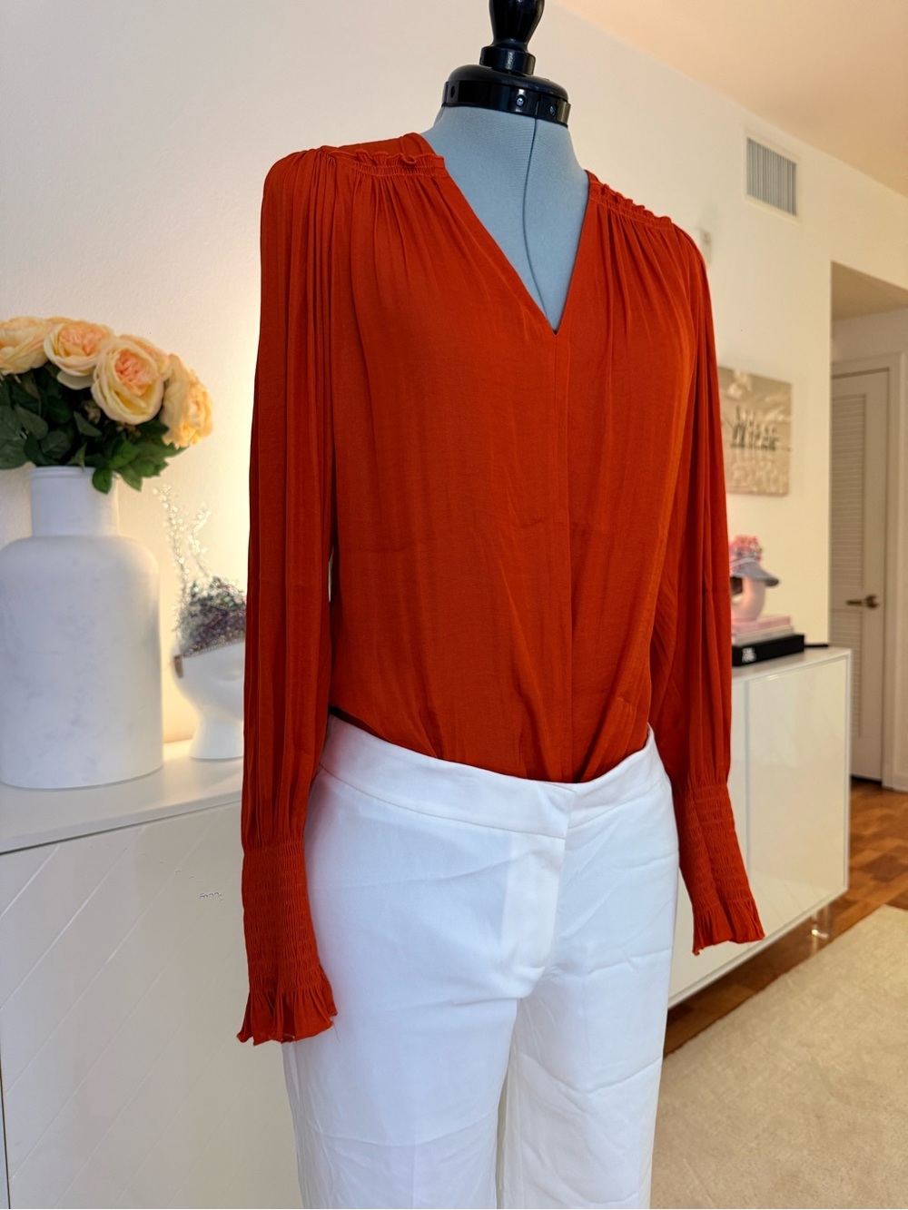 Rebecca Taylor Burnt Orange Silk Smocked Blouse XS